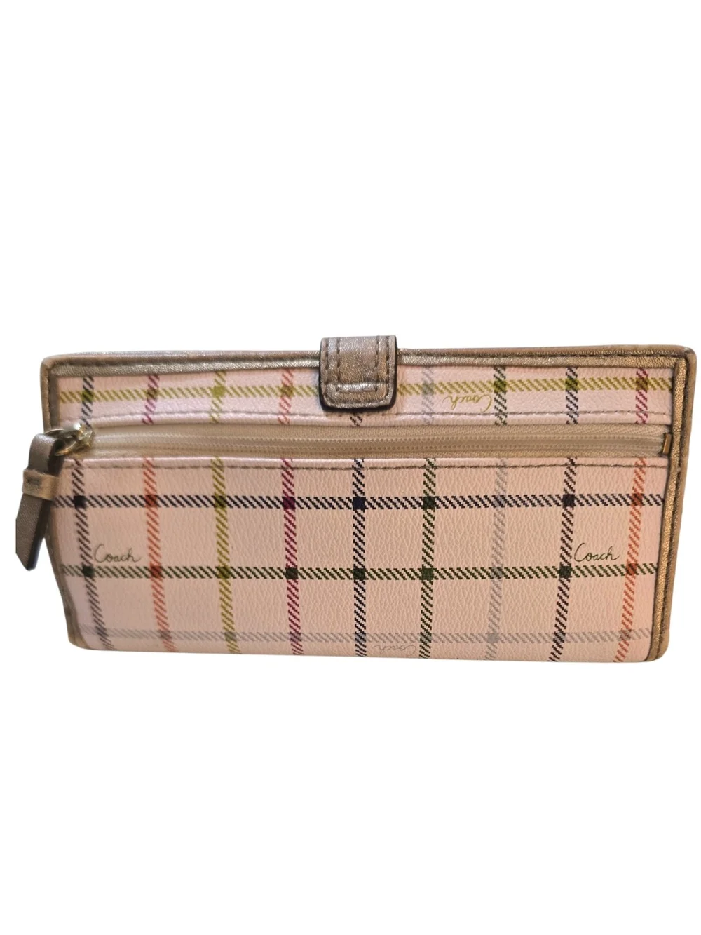 Coach Peyton Tattersall Checkbook Wallet Pink Plaid Long Wallet Organizer